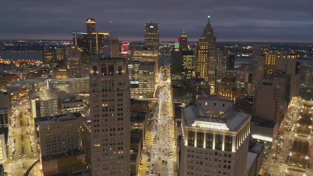 Skyline of Detroit Michigan at sunset aerial flat profile