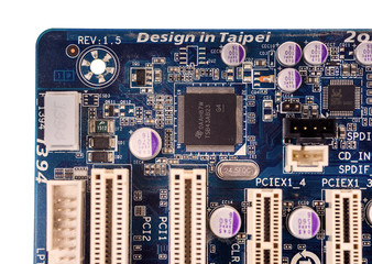 Computer motherboard closeup.