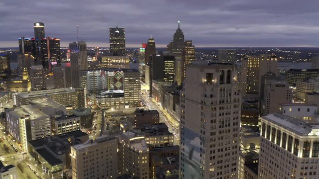 Skyline of Detroit Michigan at sunset aerial flat profile
