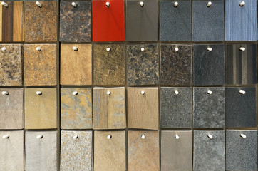hanging granite color and pattern sample cards in the store