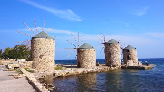 Windmills on the island of Chios in Greece in a sunny day.