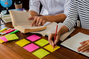 Education concept. Students studying and brainstorming campus concept. Close up of students...