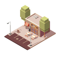 Сafe shop building with signboard, outdoor tables and parking. Isometric 3d vector illustration.
