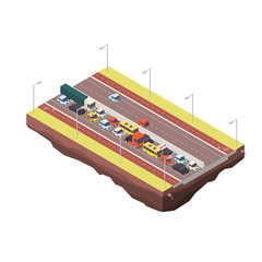 Obraz premium Isometric illustration of traffic jam with rush hour. Traffic 3d isometric vector illustration.