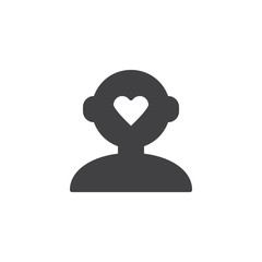 Think about love vector icon. filled flat sign for mobile concept and web design. Human head with heart simple solid icon. Symbol, logo illustration. Pixel perfect vector graphics