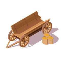Old wooden van with bags of grain. Isometric 3d vector illustration. Isolate background.