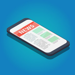 Online news at smartphone. Isometric vector concept illustration.