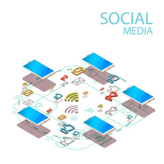 Vector isometric concept social media communication with smartphones. Social media icon. Vector illustration.