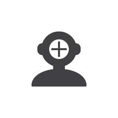 Add human mind vector icon. filled flat sign for mobile concept and web design. Human head with plus simple solid icon. Symbol, logo illustration. Pixel perfect vector graphics