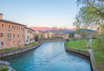 Rieti (Italy) - The historic center of the Sabina's provincial capital, under Mount Terminillo with snow and crossed by the river Velino.