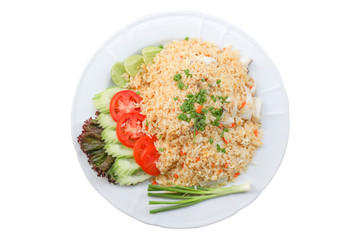 stir fried rice with squid isolated on white background