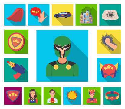 A fantastic superhero flat icons in set collection for design. Superhero's equipment vector symbol stock web illustration.
