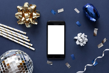 Party time concept. Dark blue background with decor