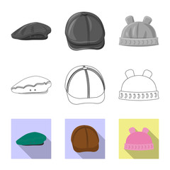 Vector illustration of headgear and cap sign. Collection of headgear and accessory stock symbol for web.