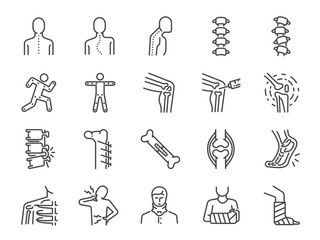 Orthopedics line icon set. Included the icons as osteoarthritis, medical rehab, plantar fasciitis, back injuries, Fracture and more.