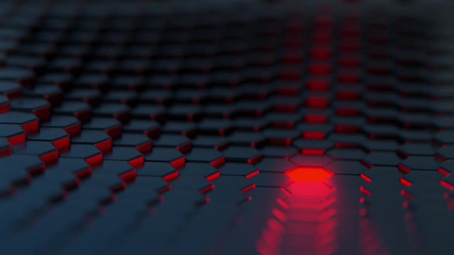 Black Hexagonal Array with One Red Glowing Element Animation Loop