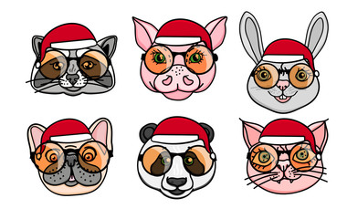 Merry Christmas. Set Animal head dog, raccoon, pig, panda, cat with santa hat. Vector hand drawn illustration isolated on white