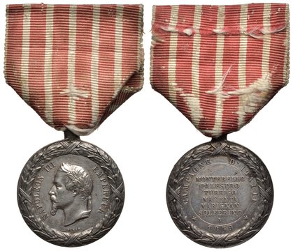 France French military silver medal for campaign in Italia in 1859, laureate head of Emperor Napoleon III left, list of cities within central circle, 