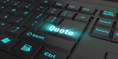 blue glowing Quote key on black computer keyboard, 3d illustration