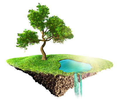 grass island 3D wirh tree and water