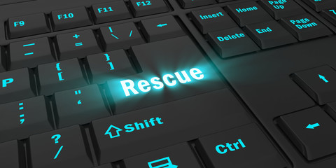 blue glowing Rescue key on black computer keyboard, 3d illustration