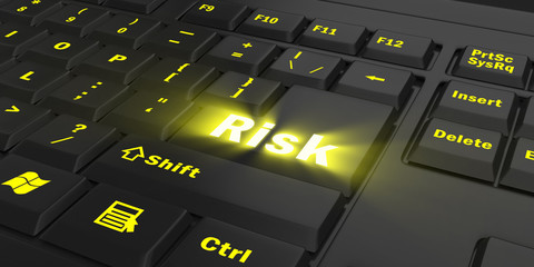 yellow glowing Risk key on black computer keyboard, 3d illustration