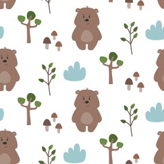 Seamless pattern with cute bear and forest. Vector illustration.