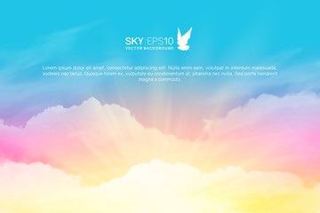 Horizontal vector background with realistic pink-blue sky and cumulus clouds. The image can be used to design a banner, flyer and postcard.