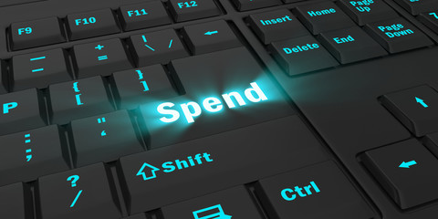 blue glowing Spend key on black computer keyboard, 3d illustration