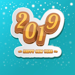 2019 Happy new year design background or greeting card with colorful numbers and greeting text. Happy new year label or icon isolated on azure background with snowflakes