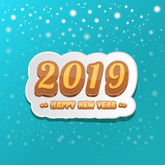 2019 Happy new year design background or greeting card with colorful numbers and greeting text. Happy new year label or icon isolated on azure background with snowflakes