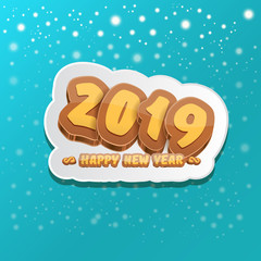 2019 Happy new year design background or greeting card with colorful numbers and greeting text. Happy new year label or icon isolated on azure background with snowflakes