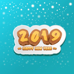 2019 Happy new year design background or greeting card with colorful numbers and greeting text. Happy new year label or icon isolated on azure background with snowflakes