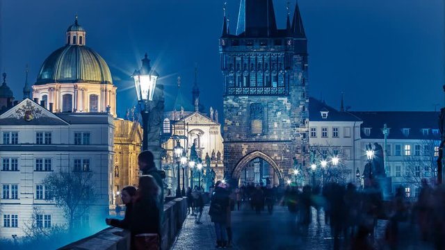 Charles bridge in Prague, Czech republic, at nighttime. 4K timelapse.