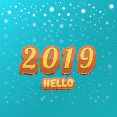 Hello 2019 Happy new year creative design background or greeting card with colorful numbers. Happy new year label or icon isolated on night sky background with stars