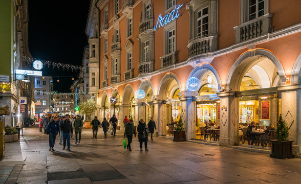Bolzano in the evening during Christmas time. Trentino Alto Adige, Italy.
