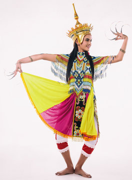 The ladyis wearing Southern thai classical dancing suit ,posing Thai Southern Dance basic pattern