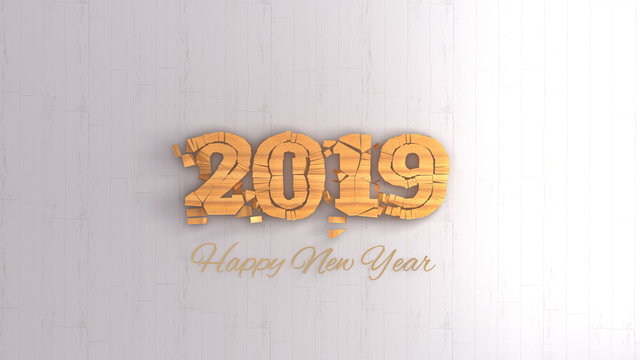 Happy new year 2019 isolated numbers lettering written by wood on white background. 3d illustration