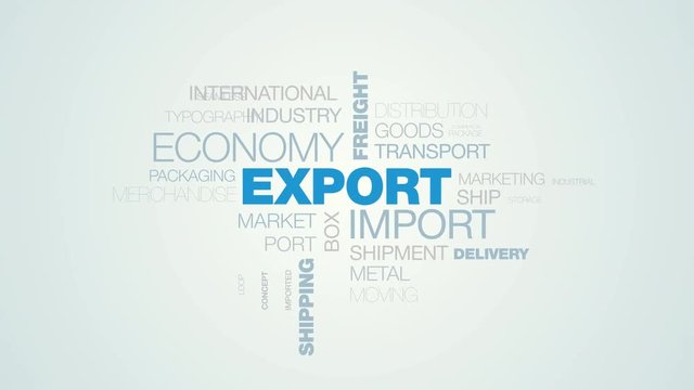 export import economy freight global word cloud apear on the white blue gradient background, also used animated transportation logistics business cargo word as background in uhd 4k 3840 2160
