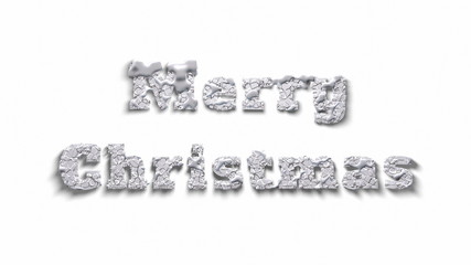 Merry Christmas lettering written by white and snowy melted ice isolated on white background. 3d illustration