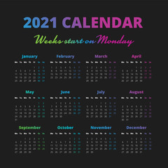 Simple 2021 year calendar, weeks start on Monday