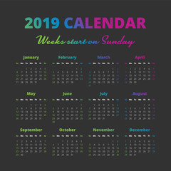 Simple 2019 year calendar, weeks start on Sunday