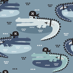 Crocodiles - pirates, hand drawn backdrop. Colorful seamless pattern with animals. Decorative cute wallpaper, good for printing. Overlapping background vector. Design illustration