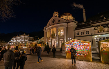 Merano Christmas market in the evening, Trentino Alto Adige, northern Italy.