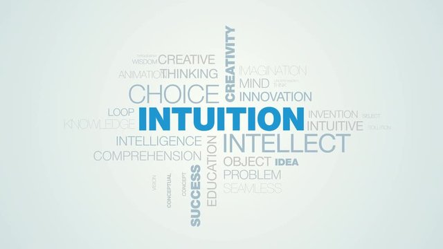 intuition intellect choice creativity acumen word cloud apear on the white blue gradient background, also used animated decision brain business awareness word as background in uhd 4k 3840 2160