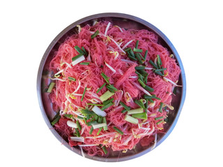 Thai food, Stir Fried Pink Noodle in big aluminium tray on white background, clipping path. 