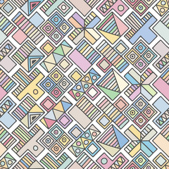 Seamless vector pattern. geometrical background with hand drawn decorative tribal elements. Print with ethnic, folk, traditional motifs. Graphic illustration for wrapping, wallpaper, fabric, packing