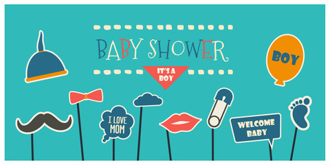 Baby boy shower party photo booth props vector elements. © kora_ra_123
