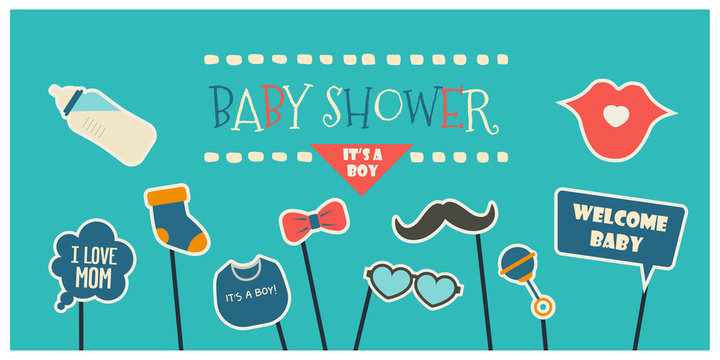 Baby boy shower party photo booth props vector elements.