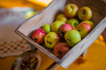 horizontal image with detail of a small wooden wheelbarrow full of freshly picked apples